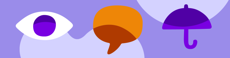 Illustration mit einem Auge, einer Sprechblase und einem Regenschirm